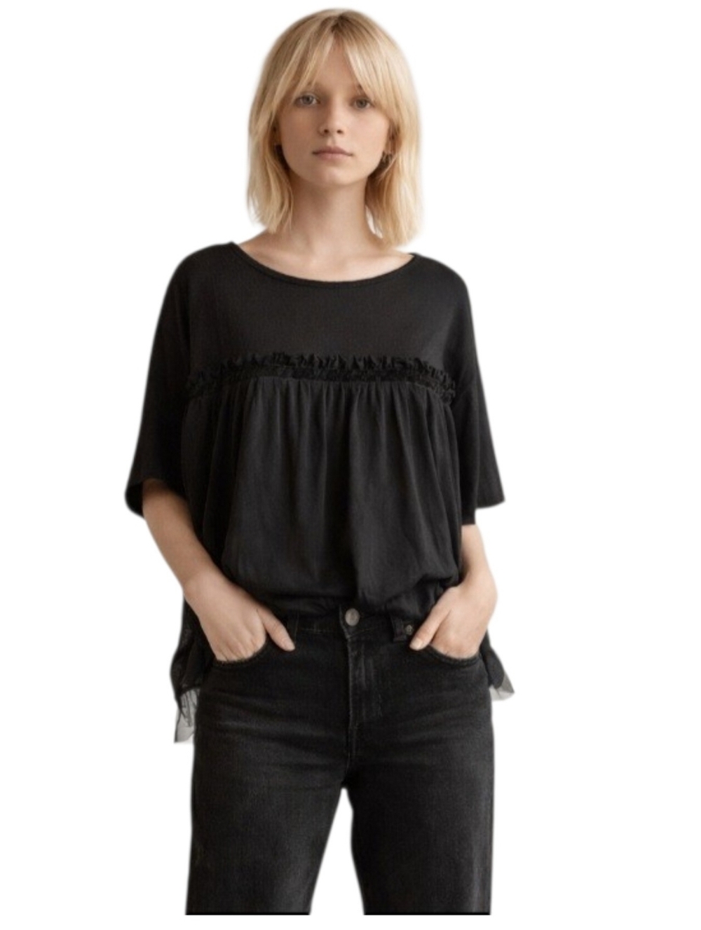 Anthropologie Maeve Black Boxy Bubble Hem Mesh Top XS Cotton Short Sleeve Chic